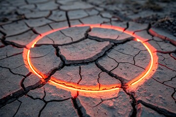Poster - Captivating Macro Photography of a Glowing Neon Circle on a Cracked Background Highlighting Vibrant Colors and Textures in a Unique Artistic Composition