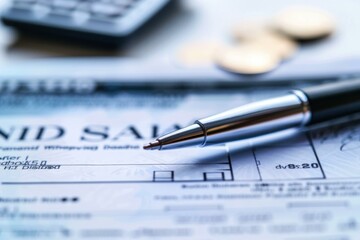 Poster - pen is lying on a dividend payment form with a calculator and coins in the background