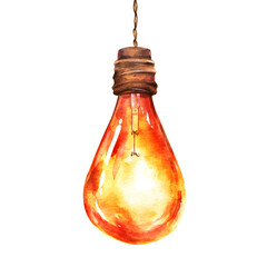 Poster - Watercolor hand-painted illustration of a glowing light bulb suspended on a string, with a transparent backdrop