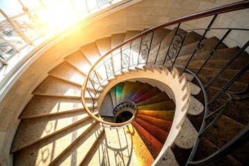 Poster - Captivating Spiral Staircase Bathed in Light: A Stunning Product Photography Showcase of Architectural Elegance and Design Beauty