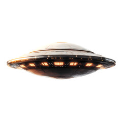 Poster - Futuristic spaceship with glowing lights hovers against a transparent background, perfect for compositing