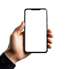 Poster - Close-up of hand holding modern smartphone with blank white screen, perfect for showcasing mobile apps or websites, on a transparent background
