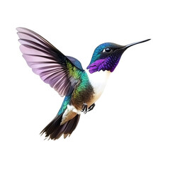 Poster - Stunning hummingbird with colorful feathers in mid-air, set against a clear background