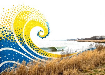 Poster - Cheerful Abstract Dot Wave Design in Vibrant Yellow and Blue, Capturing Uplifting Energy and Dynamic Movement through the Rule of Thirds Composition