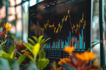 Poster - colorful stock market data is being displayed on a computer screen surrounded by plants
