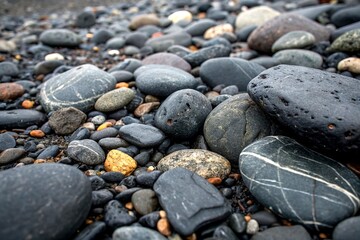 Poster - Close-Up of Dark Grey and Black Rocks and Pebbles: Capturing the Natural Beauty of Textures in Nature, Perfect for Backgrounds, Textures, and Natural Elements in Photography Projects