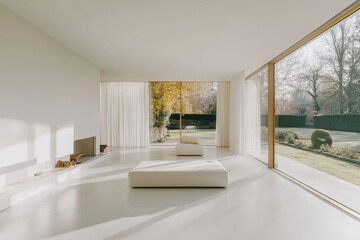 Poster - This spacious living room features minimalistic furniture and expansive windows that let in natural light and showcase a tranquil garden. Generative AI