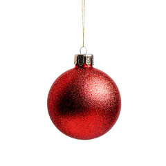 Poster - Vibrant red christmas ball ornament suspended by a golden thread on a clear backdrop, ideal for festive crafts