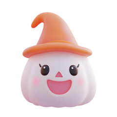 Poster - 3d rendering of a cute smiling halloween pumpkin wearing an orange witch hat, isolated on transparent background