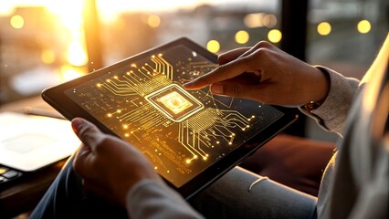 Poster - Close-up of Hands Interacting with a Digital Tablet Showcasing a Futuristic Golden Circuit Board Interface in Long Exposure, Highlighting Technology and Innovation
