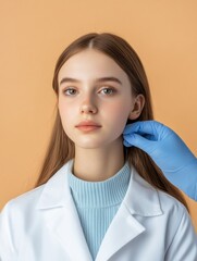 Aufkleber - A doctor in a blue glove examines the facial features of a young woman during a cosmetic surgery consultation in a clinic. Generative AI