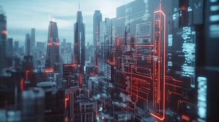 Poster - Cyberpunk Cityscape: Futuristic Metropolis with Digital Overlay