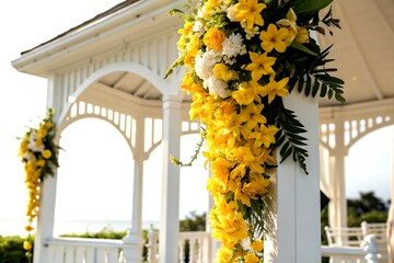 Poster - Close-Up Silhouette of Yellow Flowers Adorning a White Bower, Perfect for Capturing Natural Beauty and Elegant Decor in Photography