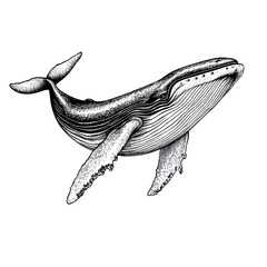 Poster - Detailed vintage engraving of a humpback whale swimming upward, isolated on transparent background