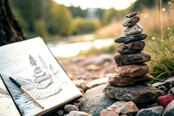 Poster - Close-Up View of a Pile of Stones with Blurred Bokeh Background in a Pencil Sketch Style, Ideal for Nature and Texture Themes, Featuring Ample Copy Space for Text Overlay