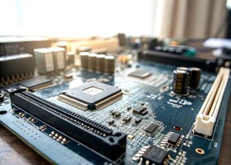 Poster - Closeup of a Motherboard with High Depth of Field Showcasing Microchips, Circuits, and Connectors in a Technologically Advanced Environment for Electronics Enthusiasts
