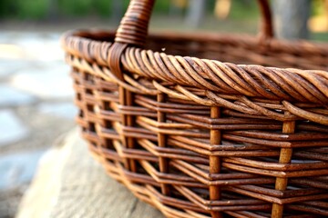 Poster - Closeup of Intricate Brown Wicker Basket, Showcasing the Detail of Canvas Textured Fibers and Weave Patterns in Documentary Photography Style