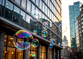 Poster - Colorful Bubbles Floating on a Glassmorphism Background in an Urban Exploration Setting, Showcasing Vibrant Colors and Abstract Designs for Modern Aesthetic Photography