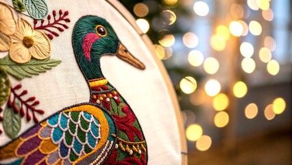 Poster - Colorful Embroidered Duck Design in Intricate Textile Art with Bokeh Effect for Unique Cards, Posters, and Decorative Prints Featuring Rich Textures and Vibrant Colors