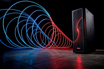 Poster - Colorful Neon Swirl Abstract Design in Blue and Red on Black Background for Futuristic Product Photography and Modern Backdrop Usage