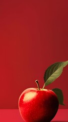 Leinwandbilder - Studio shot of a single, shiny red apple with leaves, sitting on a red surface against a matching red backdrop, creating a monochromatic visual