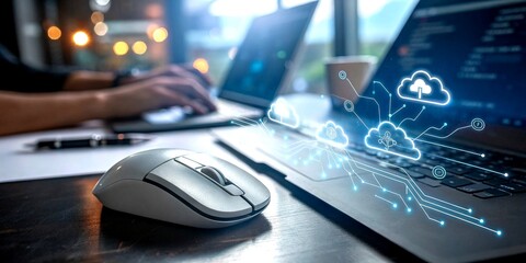 Poster - Conceptual Photography of a Computer Mouse Surrounded by Futuristic Elements Representing Technology, Connectivity, and Digital Communication in a Modern Workspace