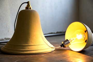 Poster - Conceptual Photography of a Unique Bell-Shaped Lamp with a Light Bulb on the Side, Showcasing Modern Design and Creative Illumination in a Contemporary Setting