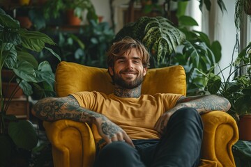 A man with tattoos is sitting in a yellow chair. He is smiling and he is happy