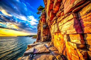 Poster - Cracked Stone Texture on a Cliffside with Dramatic Shadows and Rich Earth Tones, Perfect for Nature or Landscape Photography, Emphasizing the Beauty of Natural Erosion