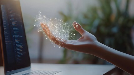 Aufkleber - A hand extends towards a laptop screen showcasing various security icons and settings, symbolizing an active engagement with technology. Generative AI