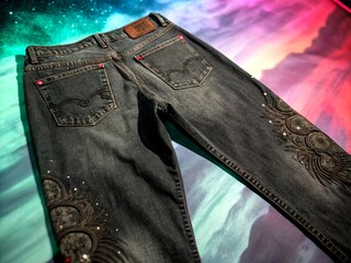 Poster - Detailed Closeup of Grungy Vintage Dark Gray Jeans, Perfect for Backgrounds in Surreal Photography, Showcasing Rich Textures and Unique Patterns to Inspire Creativity