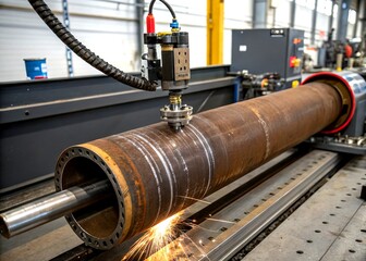 Poster - Detailed Documentary Photograph of a Cylinder of Cord for a Partially Automated Welding Apparatus in an Industrial Setting Highlighting Precision Engineering and Innovation