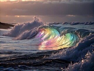 Poster - Dreamy Iridescent Waves in Motion - Abstract Grainy 3D Render for Colorful Backgrounds, Banners, and Wallpapers with Low Light Photography Effect