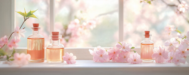 Wall Mural - Bottles of aromatherapy essential oil on a window ledge with pink cherry blossoms in spring