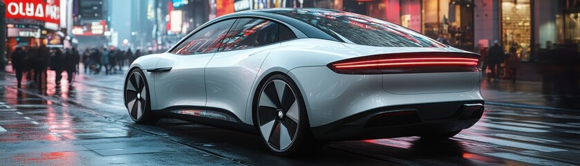 Poster - Autonomous vehicle navigates bustling city self-driving car urban environment nighttime future technology