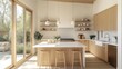 © ZMPixels - Modern kitchen design featuring wooden cabinetry, open shelving, and large island with bar stools. bright space is enhanced by natural light and minimalistic decor, creating warm and inviting atmosphe