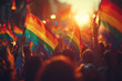 © huntspy - vibrant city street filled with people celebrating pride, waving rainbow flags during sunset. atmosphere is joyful and inclusive, showcasing unity and diversity