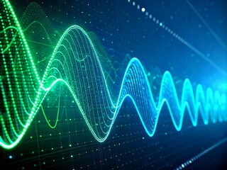 Poster - Dynamic Sound Waves in Gradient of Green and Blue: A 3D Visualization of Rhythmic Blue Glows in Streamlined Design, Backlit for Stunning Stock Photography