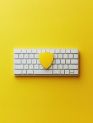 Aufkleber - A white keyboard sits on a vibrant yellow surface, with a yellow shield icon placed prominently on the keys, symbolizing digital security. Generative AI