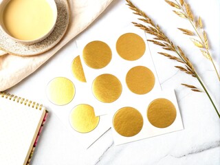 Poster - Elegant Golden Color Round Stickers Set on a Soft Minimalist Background for Creative Design Projects and Digital Applications