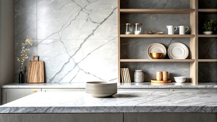 Poster - Elegant Grey Marble Tabletop Surface for Kitchen Product Display, Versatile Empty Desk Shelf Backdrop, Ideal for Culinary Photography, Showcase Kitchenware, Modern Aesthetic