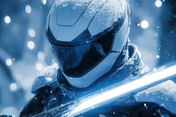 Poster - Futuristic battle cyberpunk warrior neon city digital art dystopian landscape first-person cybernetic combat