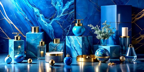 Poster - Elegant Product Photography Featuring a Blue Marble Background for Luxury Items, Home Decor, Fashion Accessories, and High-End Gadgets Showcasing Depth and Texture