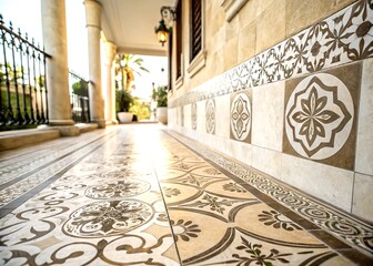 Poster - Elegant Wall and Floor Tiles Design Showcasing Premium Quality Textures and Patterns with a Bokeh Effect for Stunning Interior Decor Inspiration