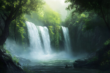 Wall Mural - Serene waterfall cascading down mossy rocks in a lush green forest.  Sunlight filters through the trees, creating a mystical atmosphere.