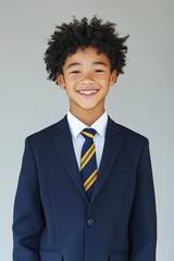 image for school yearbook, body facing the left, chinese white teen boy, 16 years old, black curly hair, in plain navy blue blazer, generative ai