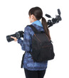 © New Africa - Photographer with backpack, camera and other professional equipment on white background, back view