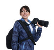 © New Africa - Photographer with backpack and camera on white background