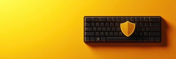 Aufkleber - A black keyboard features a prominent shield icon, emphasizing the importance of cybersecurity on a bright yellow backdrop. Generative AI