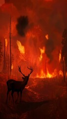 Poster - Wildfire burning through forest with silhouette of deer watching as flames and smoke fill sky in dramatic scene of environmental destruction